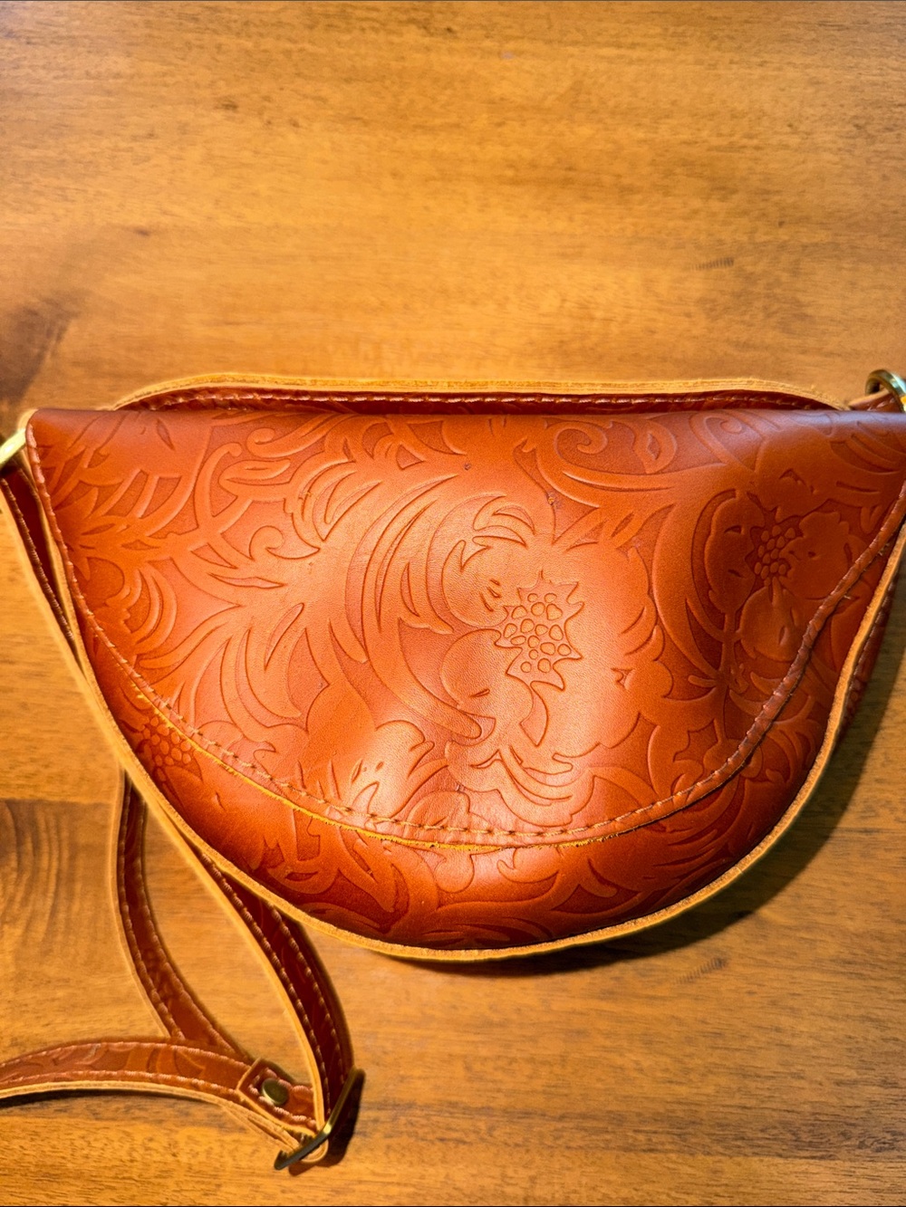Womens Portland LeatherEmbossed Floral Half-Moon Crossbody Bag - Cognac